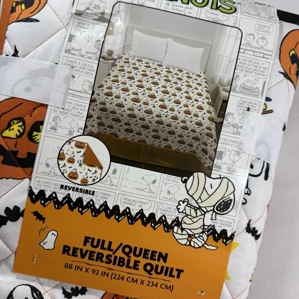 Peanuts Snoopy Woodstock Halloween QUEEN Reversible Quilt Blanket NWT 🎃🦇🕸️🌛